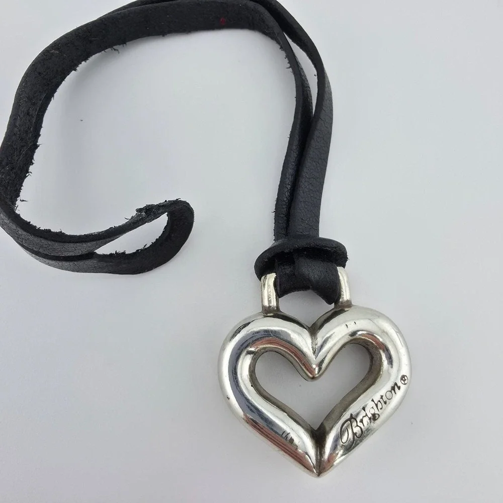 BRIGHTON Heart Key Chain Fob Handbag Charm Black Leather Strap Silver Plate 8